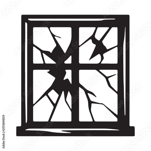 Black silhouette icon of a broken glass window in a wooden frame with silhouette shattered isolated