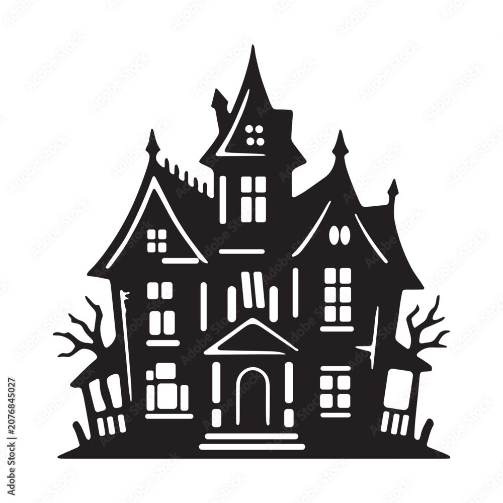 Naklejka premium Black silhouette of a haunted mansion with gnarled trees for halloween design silhouette halloween