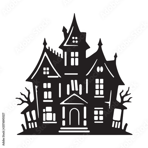 Black silhouette of a haunted mansion with gnarled trees for halloween design silhouette halloween