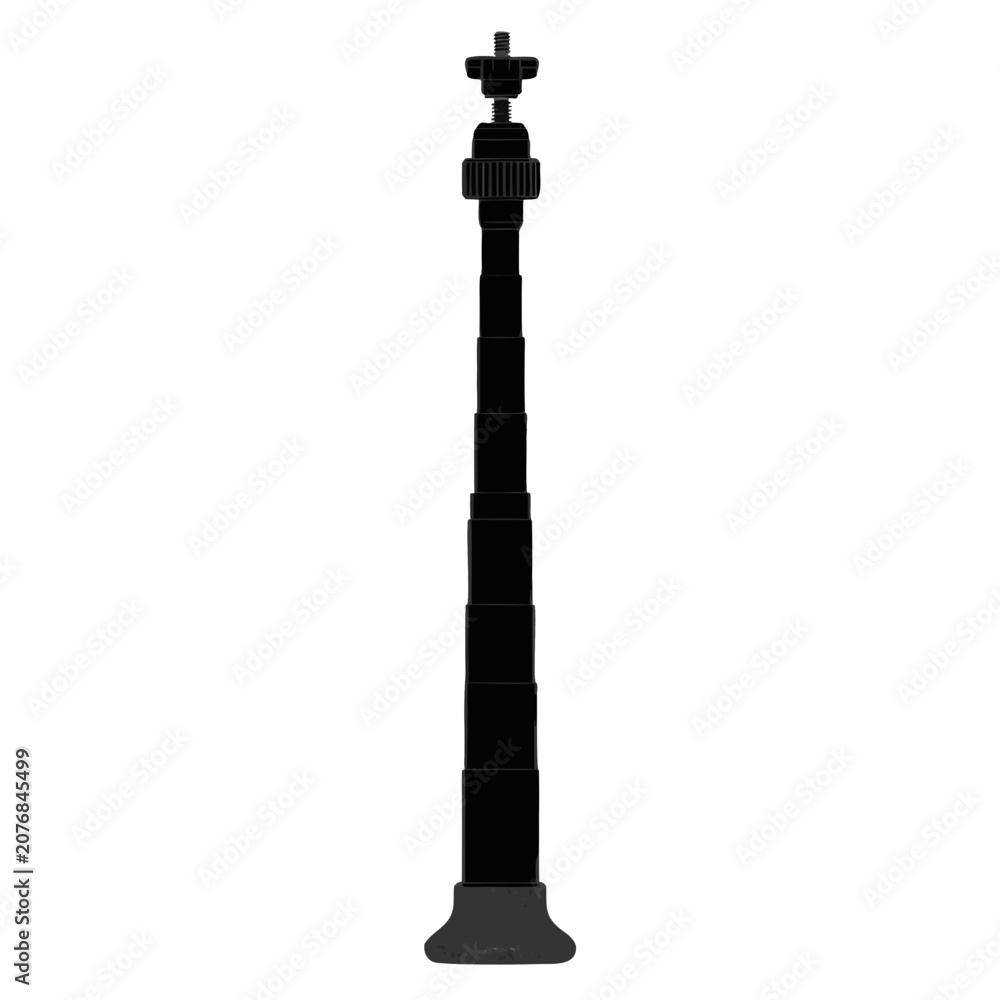 Fototapeta premium Black silhouette of a telescopic monopod, professional camera support equipment vector, photography stabilizer tool for travel and vlogging