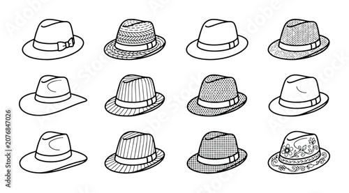 Foto Fedora Hat Collection Vector Icons, Vintage Style Headwear Set, Classic Mens Fas