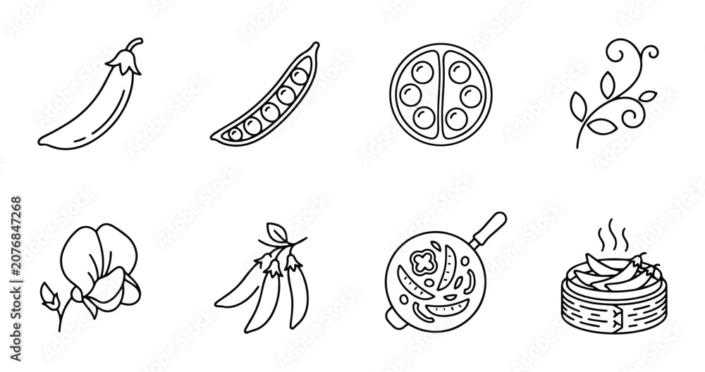 Obraz premium Pea Pod Icons, Fresh Vegetable Line Art Collection, Healthy Food Graphics, Organic Ingredient Vector Set
