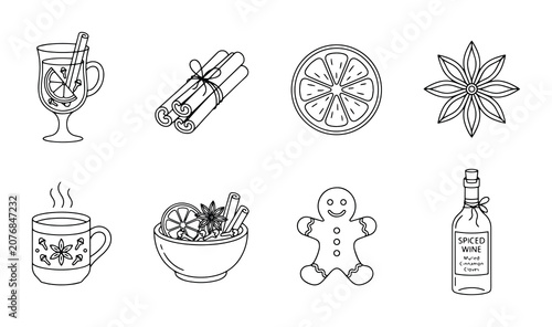 Foto Winter Spice Icons, Mulled Wine & Gingerbread Elements, Festive Drink & Food Gra