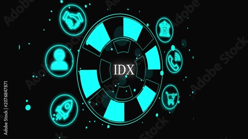Futuristic Neon Business Ecosystem Infographic with Digital Technology Icons IDX System Software Automation 