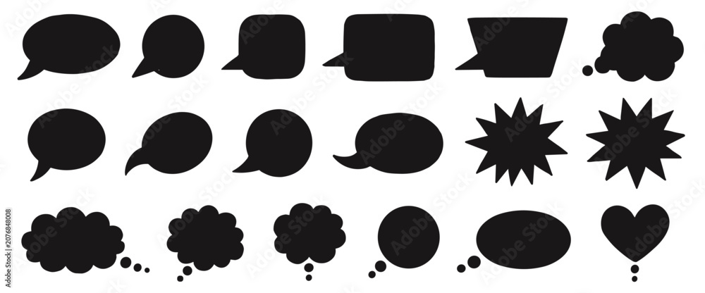 Fototapeta premium Collection of black speech bubbles and thought clouds in various shapes, including rectangular, circular, starburst, and heart silhouettes
