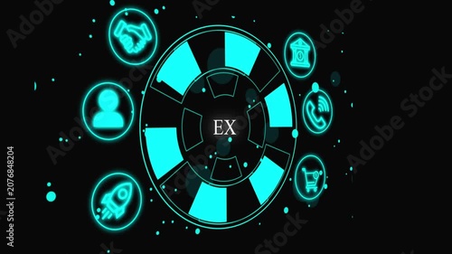 Futuristic Neon Business Ecosystem Infographic with Digital Technology Icons EX System Software Automation 4k