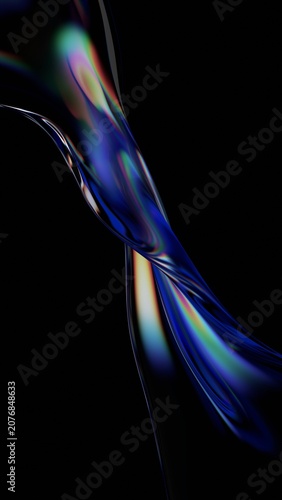 Abstract minimalist glass wavy line on a black background with color refraction effect, vertical 3d render