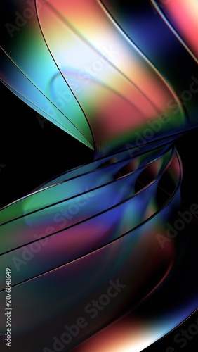 Abstract iridescent glass curved shapes on a black background, vertical 3d render