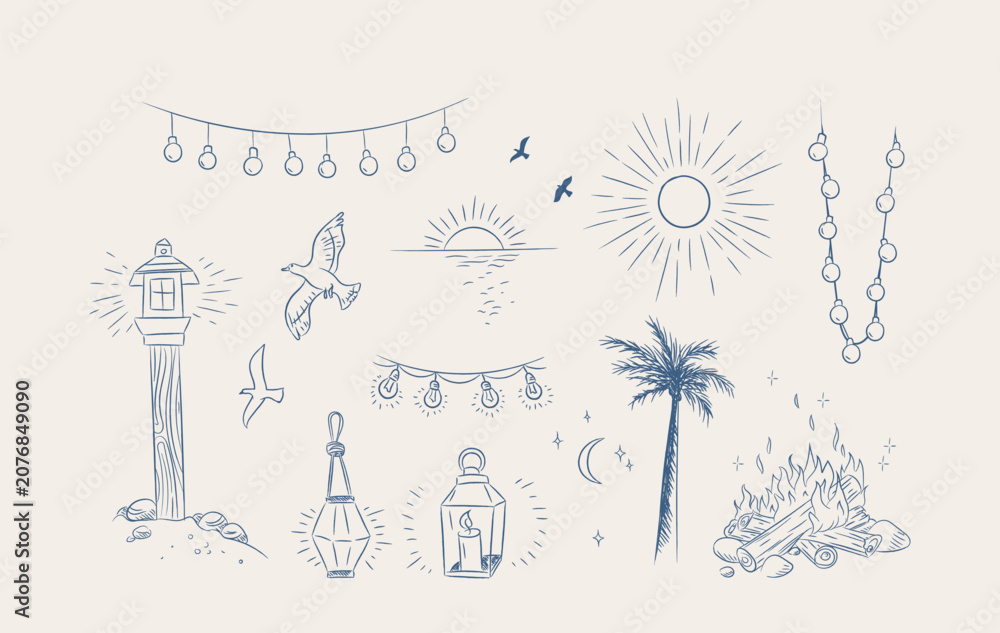 Obraz premium Beach Elements Summer Set Sketch