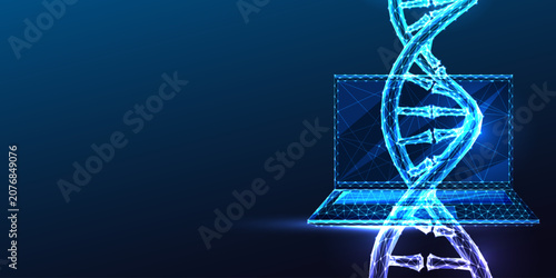 DNA Double Helix Bioinformatics Laptop Genomic Data Analysis Glowing Blue Polygonal Vector