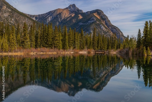 Panoramic Mountain Reflections On Mount Lorette Ponds In The Summer