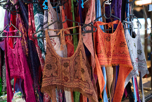 Canvas Print Colorful traditional clothing and dresses for sale at the Market, Maeklong Railw
