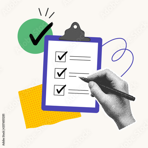 Minimal checklist collage with hand and clipboard in halftone style, modern task management and productivity concept illustration for business, planning and organization.