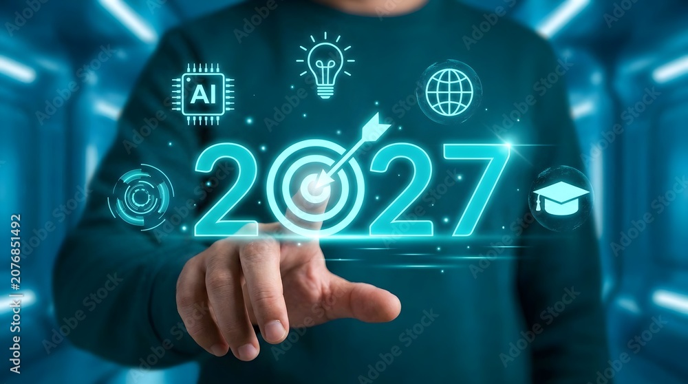 Fototapeta premium A person's finger points to the year 2027, surrounded by futuristic icons representing AI, innovation, and global connectivity.