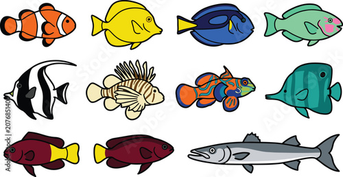 Tableau sur toile Tropical reef fish and marine life cartoon vector icon set featuring clownfish t