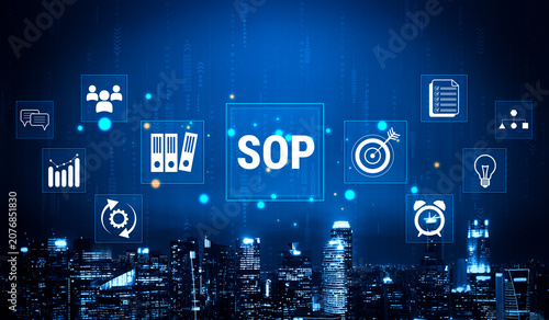 Fotografie Digital Concept of Standard Operating Procedures in Business Management with Modern Icons and City Skyline Background for Professional Use
