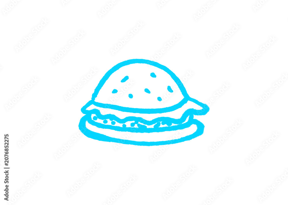 Fototapeta premium Minimalist blue hand-drawn sketch of a hamburger icon with hamburger minimalist illustration creative isolated background restaurant delicious snacking culinary