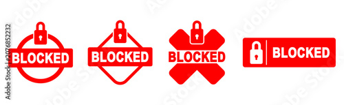 Set of red blocked warning stamp icons and labels featuring padlock security symbols in circle rhombus cross and rectangle shapes isolated on white background template