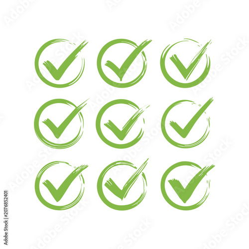 Set of green check mark icons inside circles in hand drawn brush style isolated on white background