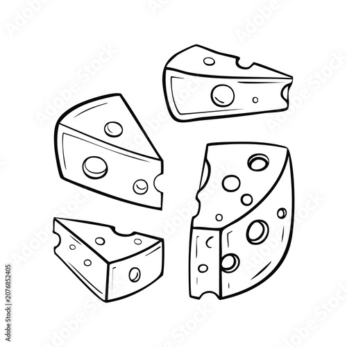 Set of cheese pieces with holes in hand drawn outline doodle style isolated on white background