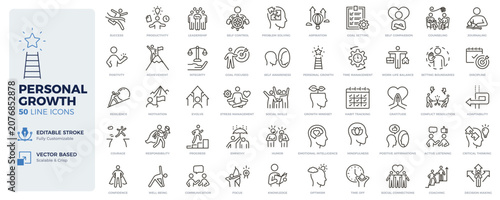 Personal growth, self improvement and emotional intelligence icons. Mindset, individual success, productivity and personal development thin line icon set. Editable stroke vector illustrations.