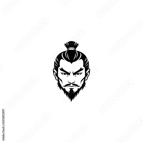 Black and white vector illustration of a determined samurai warrior's head featuring a traditional topknot hairstyle
