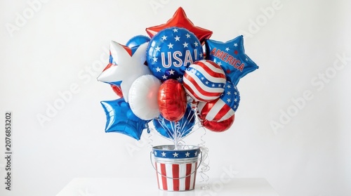 Patriotic balloon bouquet in a metal bucket isolated on white background