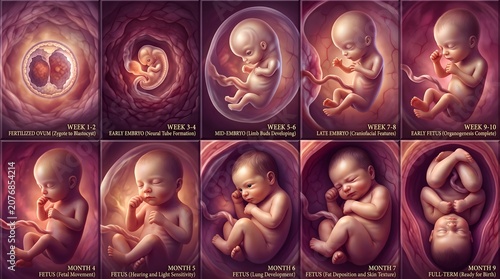 Detailed artistic illustration depicting human fetal development through various stages inside the womb from fertilization to full term