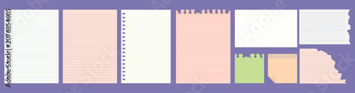 Comprehensive stationery mockup set containing blank paper pages, spiral binder sheets, torn notes, and colorful pastel sticky pads.