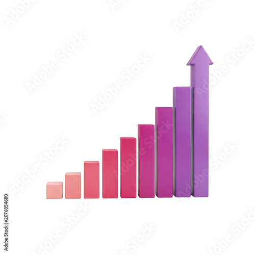 Pink and purple bar chart with an upward arrow showing business growth and positive financial success isolated on transparent background