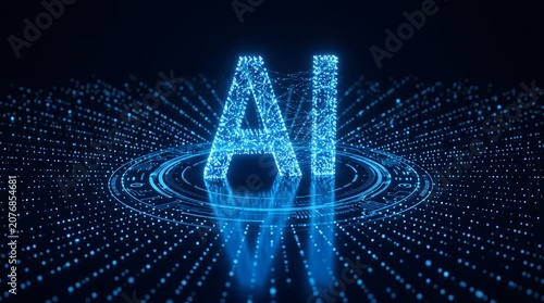 Futuristic blue digital hologram of the letter a glowing in a high tech environment with glowing dots