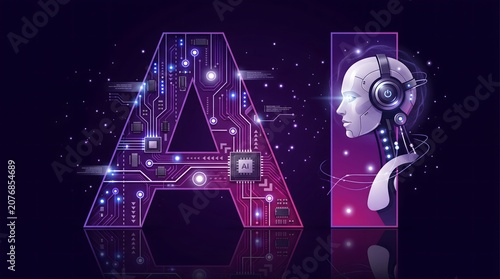 Futuristic ai and human brain technology concept with circuitry and digital interface in neon purple