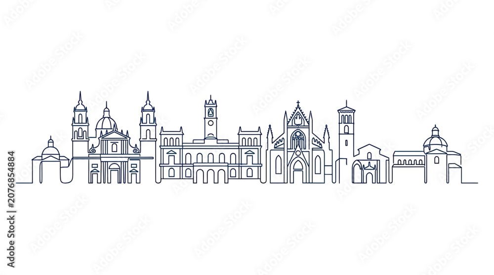Obraz premium Minimalist Cityscape Silhouette - Historic Architecture Skyline Line Art