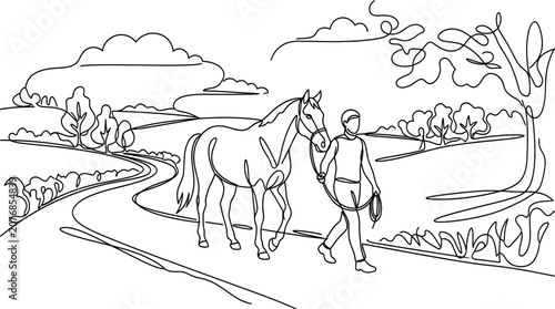 Continuous line drawing of a person walking a horse on a winding country road
