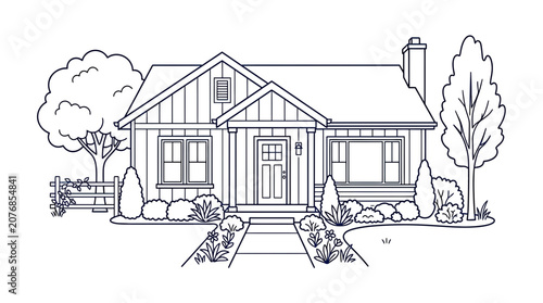 Cozy Suburban House Exterior Line Drawing - Simple Residential Home Facade