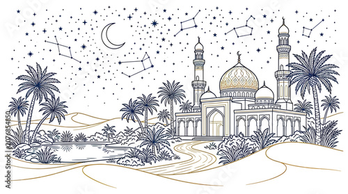 Desert Oasis Mosque at Night with Stars and Constellations