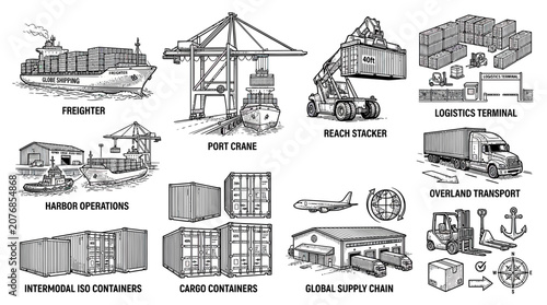 Global Supply Chain Logistics: Freight, Shipping, Cargo, and Transport Icons