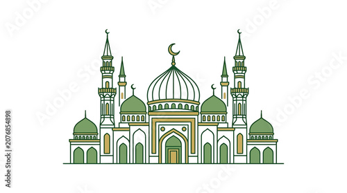 Islamic Mosque Building Vector Illustration - Traditional Architecture, Crescent Moon