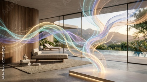 Luxury Contemporary Villa Interior with Glowing Ethereal Light Waves