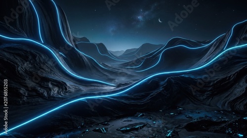 Neon Blue Futuristic Night Rocky Valley Landscape