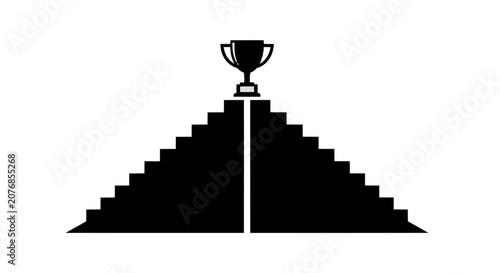 Minimal black silhouette icon, simple flat vector, bold black shape, no gradients, no shading trophy on top of a pyramid of stairs icon on a, flat icon style