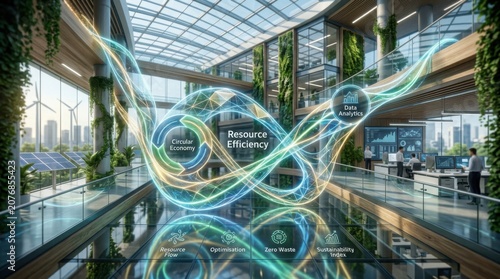 Sustainable Modern Office with Circular Economy and Data Analytics Graphics
