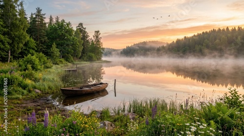 Tranquil Misty Forest Lake at Sunrise with Wooden Rowboat and Wildflowers