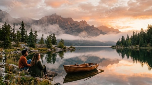 Two People Relaxing on Rocky Mountain Lake Shore at Sunset with Rowboat