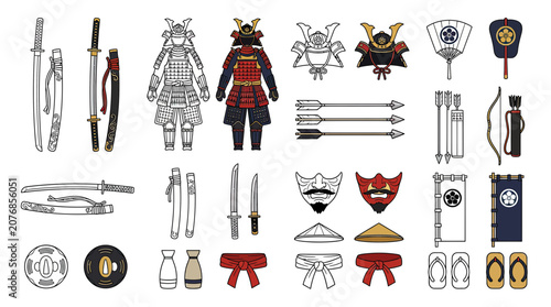 Cuadro en lienzo Samurai Warrior Equipment Collection: Armor, Swords, Bows, Masks, and Accessorie