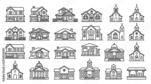 Canvastavla Vector Set of Various Buildings: Houses, Churches, Town Halls, and Schools