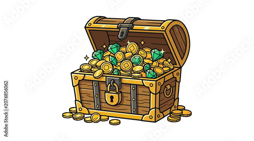 Billede på lærred Treasure Chest Overflowing with Gold Coins and Emeralds