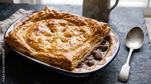 Classic British Steak and Kidney Pie in Dish