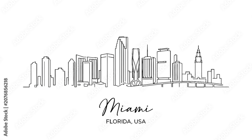 Fototapeta premium Minimalist black and white line illustration of Miami skyline capturing iconic skyscrapers and cityscape in a sleek artistic style