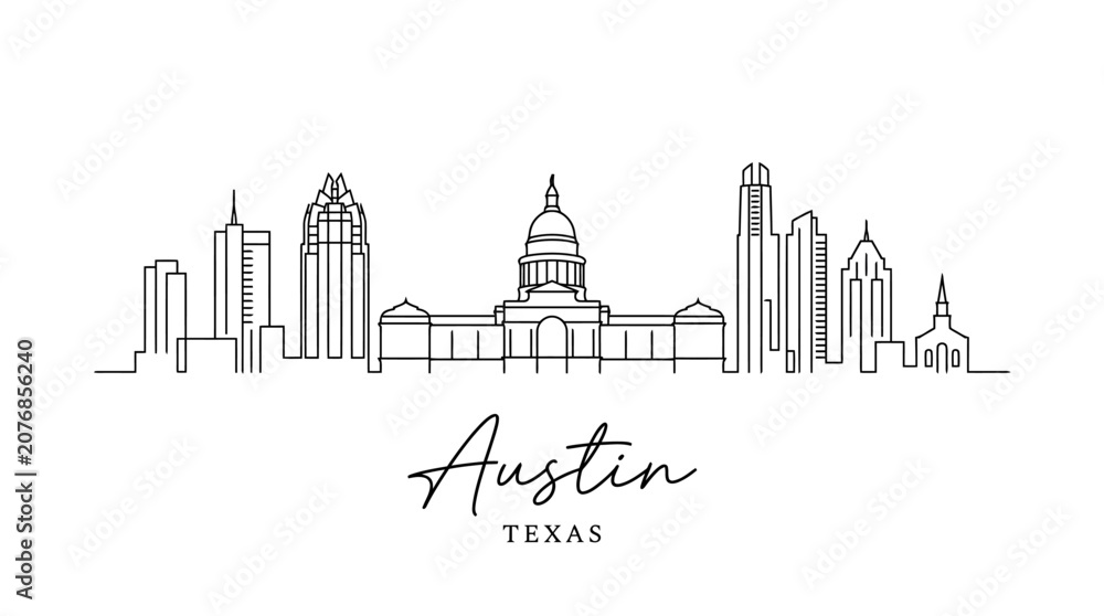 Fototapeta premium Minimalist Skyline Illustration of Austin Texas Featuring Iconic City Structures in Line Art Style for Urban Landscape Enthusiasts